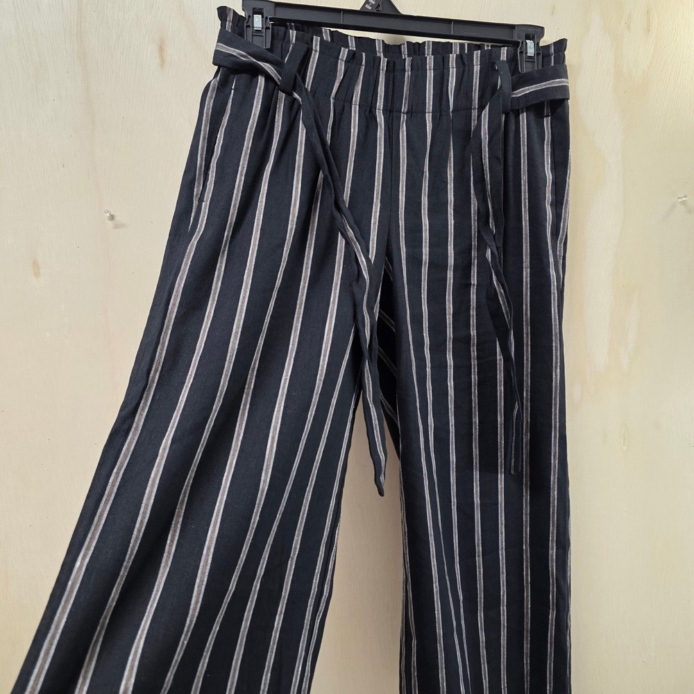 J. Jill Linen Stretch Striped Paperbag Wide Leg Crop Pants Black Petite Small - Picture 11 of 16